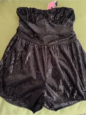 PrettyLittleThing Black Sequin Strapless Romper